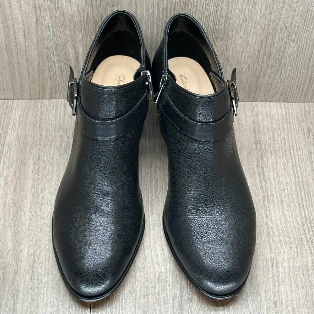 Clarks Shoes Womens 9.5M Maypearl Milla Leather Heeled Ankle Booties Black 20701